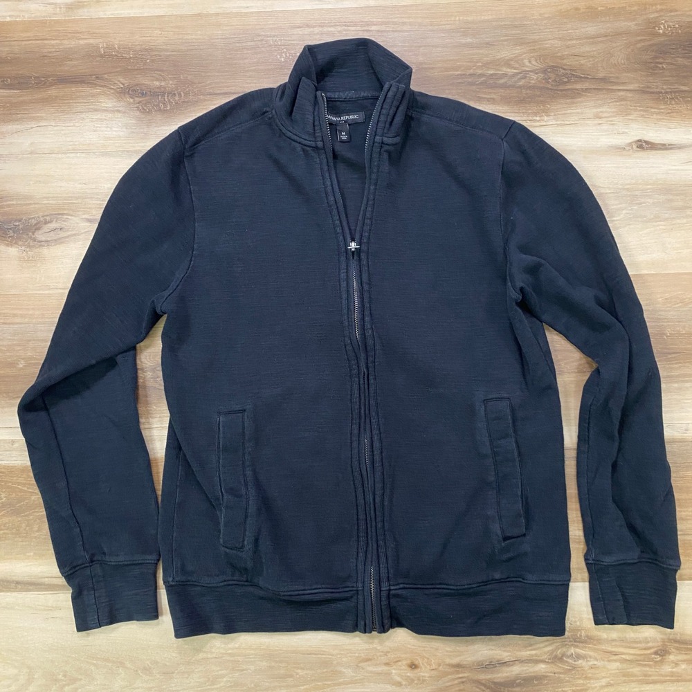 Banana Republic Zip Up Cardigan Size M Mock Neck Slub Knit Cotton Black Sweater